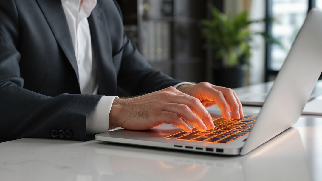 hands typing on laptop with orange glow