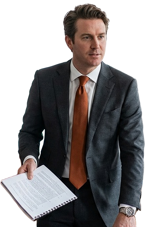person in suit holding notes and leaning forward